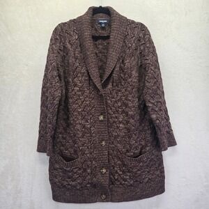 Lands End Drifter Brown Marled Cotton Shawl Collar Cardigan Sweater 1X 16W-18W